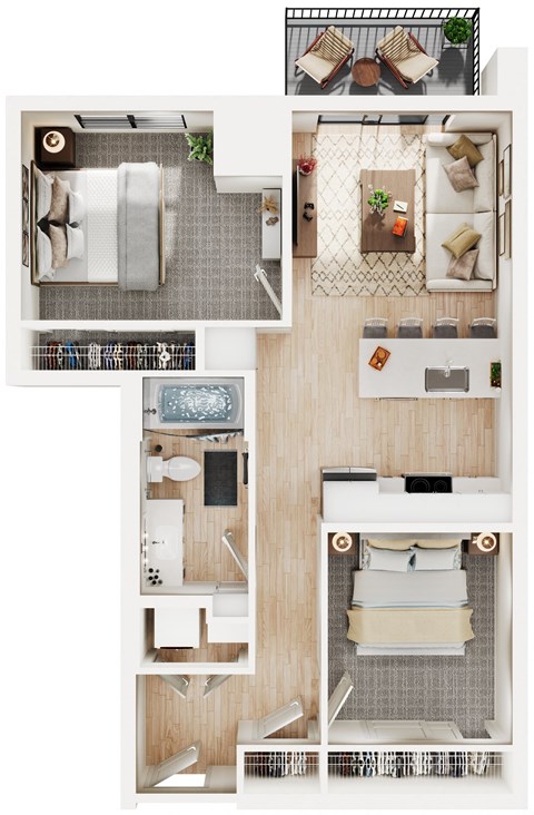 Floor plan for 2 beds, 1 bath, 769 sqft